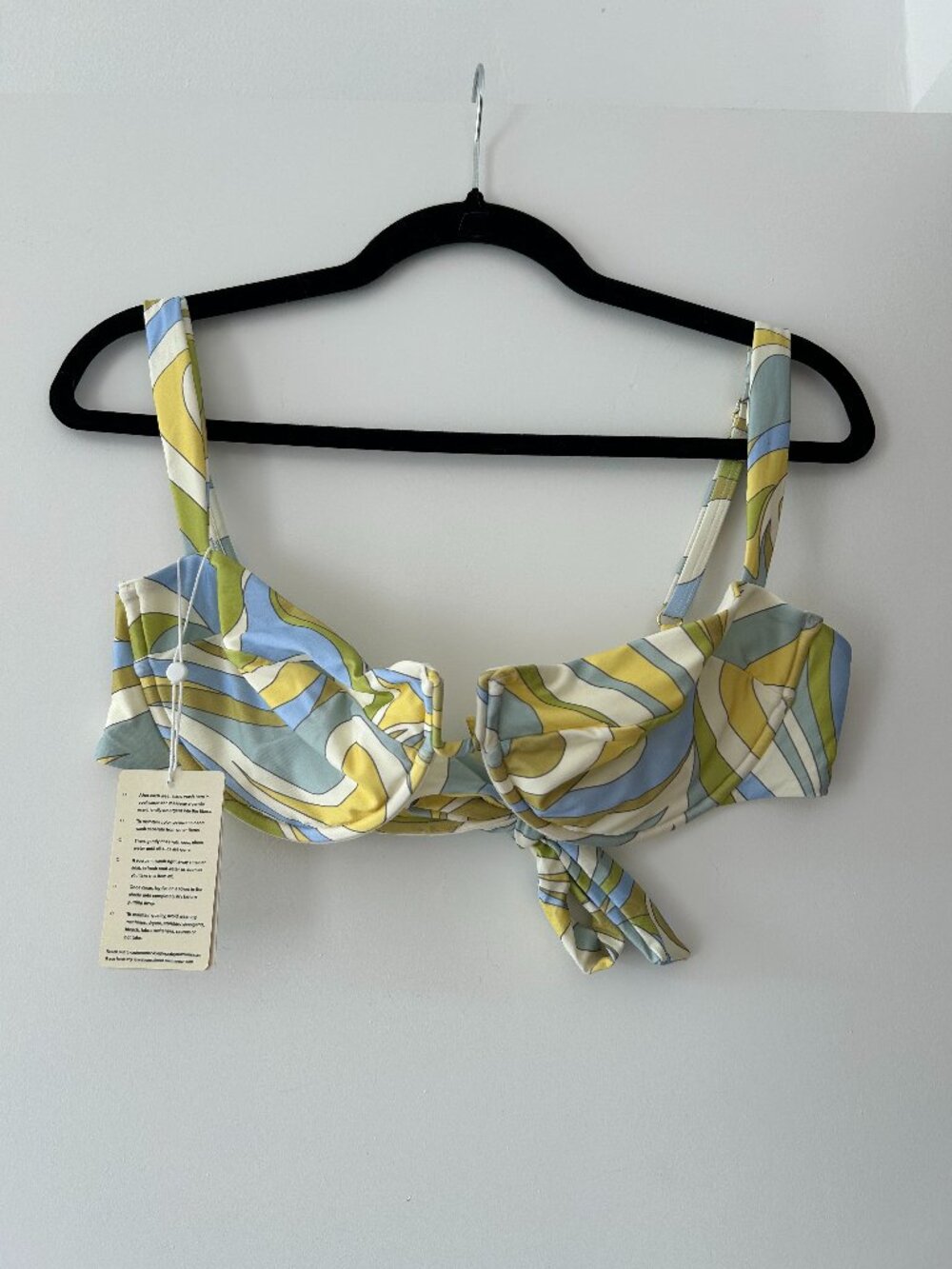 NWT Monday Swimwear Underwire Bikini Top Blue Yellow Green Swirl Print